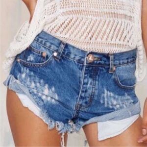 One X One Teaspoon Bandits Relaxed Fit Long Rise Twisted Cuff Hem Jean Shorts
